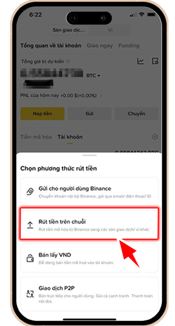 Bước 5: BƯỚC 5: CHỌN TIỀN MÃ HÓA LÀ USDT → CHỌN 'RÚT TIỀN TRÊN CHUỖI'.