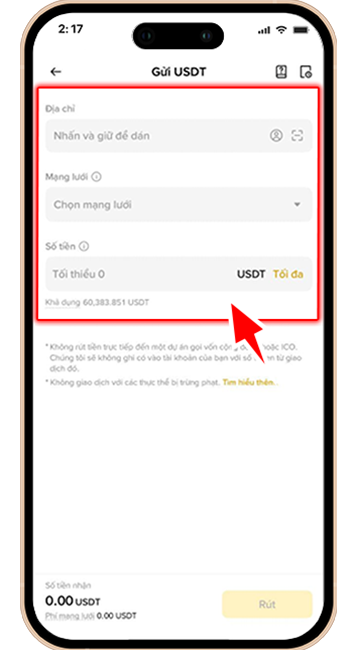 Bước 6: BƯỚC 6: CHỌN MẠNG LƯỚI TRC20 → DÁN ĐỊA CHỈ VÍ USDT (SAO CHÉP TỪ QQ88) VÀO 'ĐỊA CHỈ NGƯỜI NHẬN' HOẶC QUÉT MÃ QR.