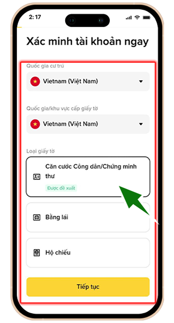 Bước 4: BƯỚC 4: CHỌN QUỐC GIA CƯ TRÚ VÀ LOẠI GIẤY TỜ TÙY THÂN ĐỂ XÁC MINH DANH TÍNH. VUI LÒNG CHUẨN BỊ CÁC GIẤY TỜ LIÊN QUAN VÀ LÀM THEO HƯỚNG DẪN.